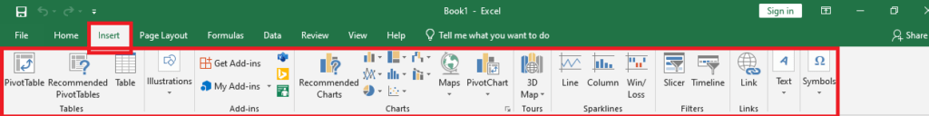 MS Excel Insert Tab