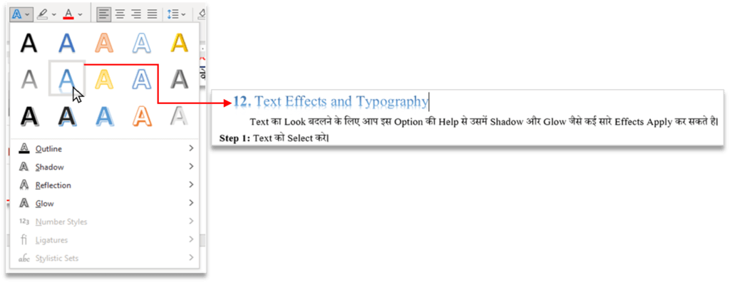 Text effect and Typography in font group