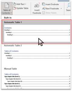 Table of contents