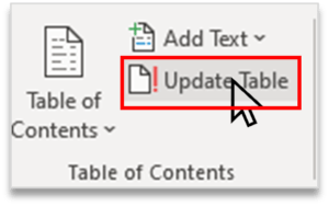 Update Table in Table of contents