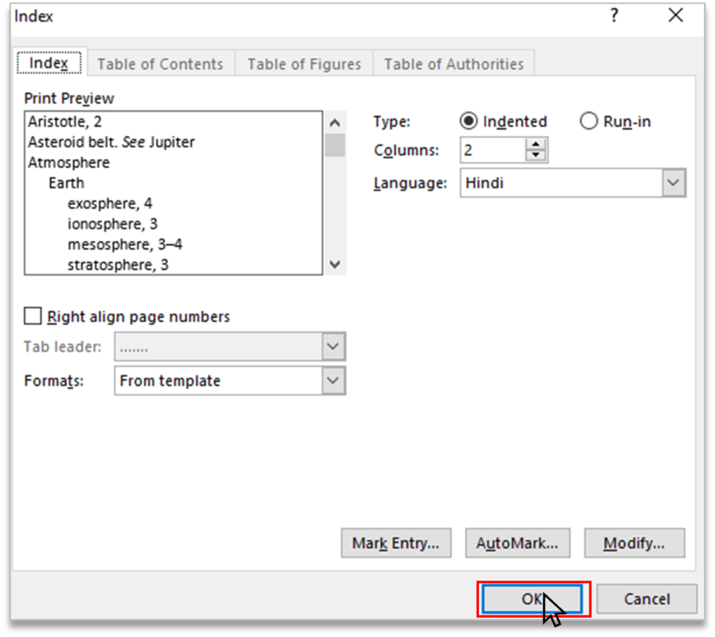 Insert Index in Index Group