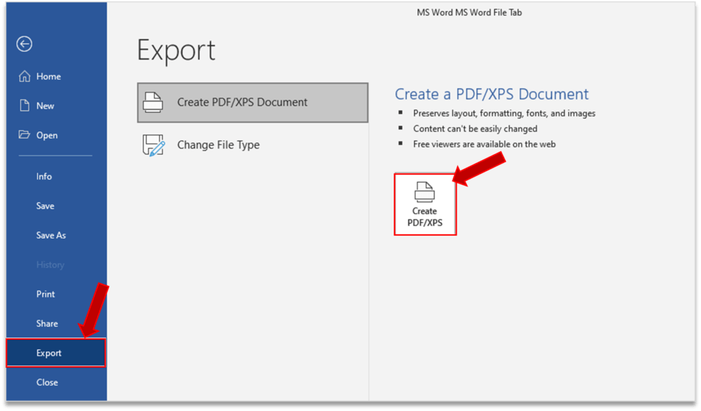 Export Option in MS Word