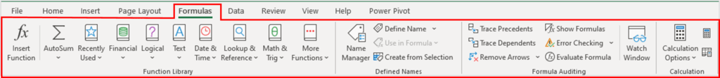 Formulas Tab in excel