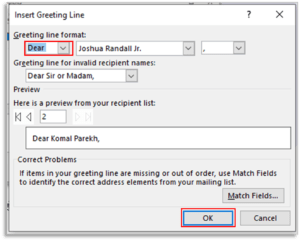 Greeting Line in Mailings Tab