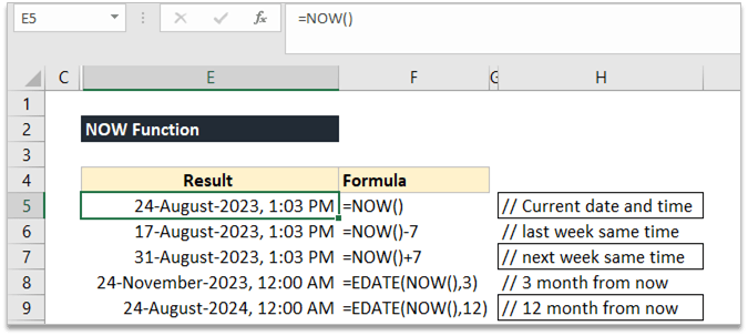 Now Formula in Excel