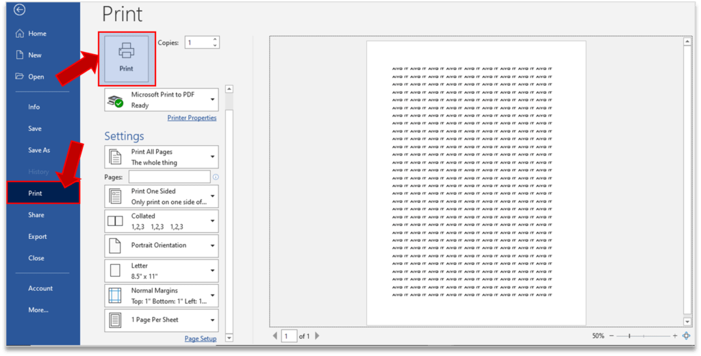 Print Option in MS Word