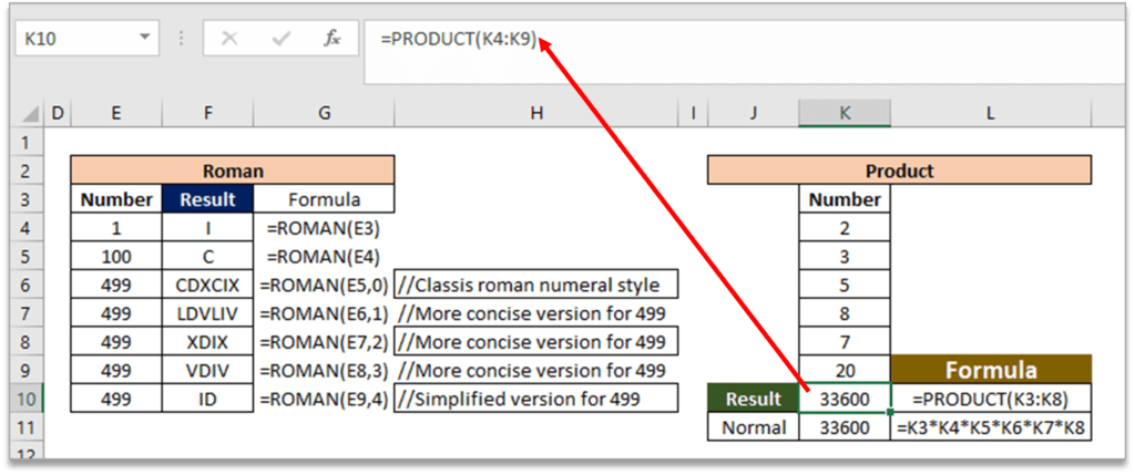 Roman Product Formula in Excel