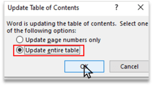 Update Table in Table of contents