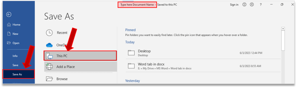 Save as Option in MS Word