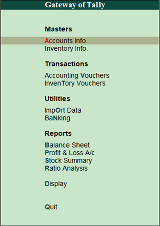 Gateway of Tally select Accounts info