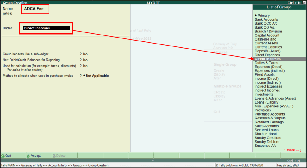 Create Group Screen in Tally