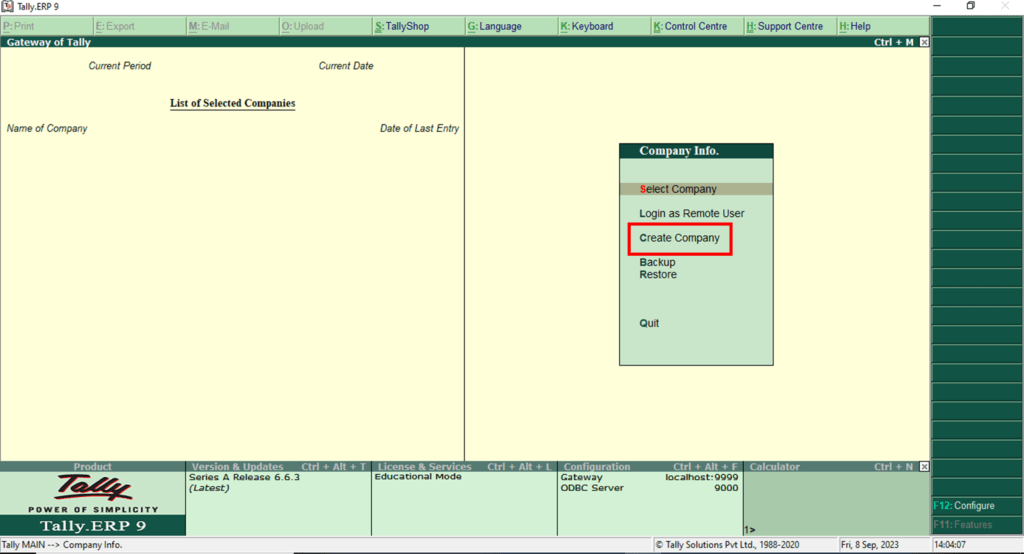 Create Company in Tally