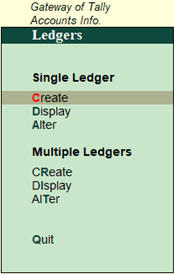 Gateway of Tally Choose Accounts info Select Ledger and Create