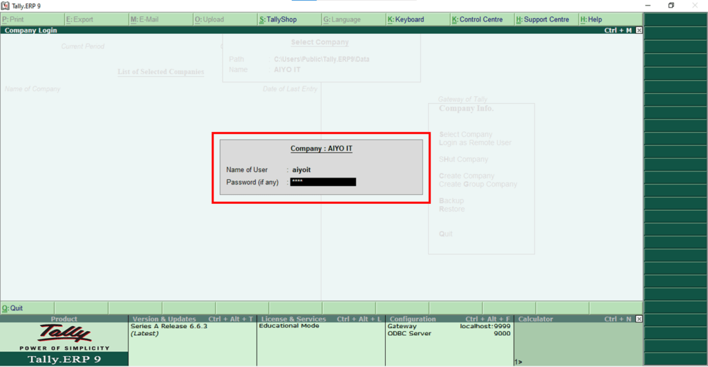 How Fill user and Password in Tally