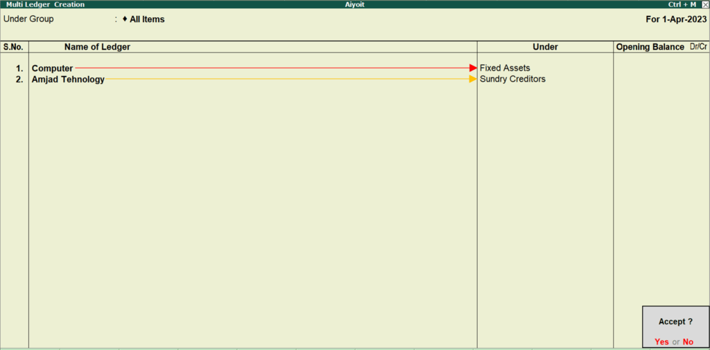 Create Multiple Ledger in tally